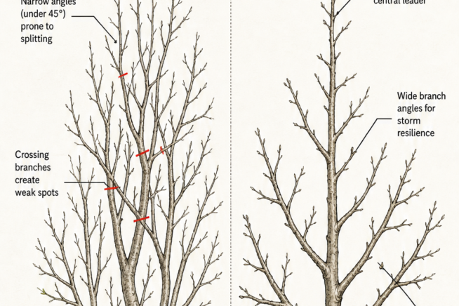 Botanical illustration showing a flowering pear tree before and after pruning, highlighting narrow angles, crossing branches, and base suckers.