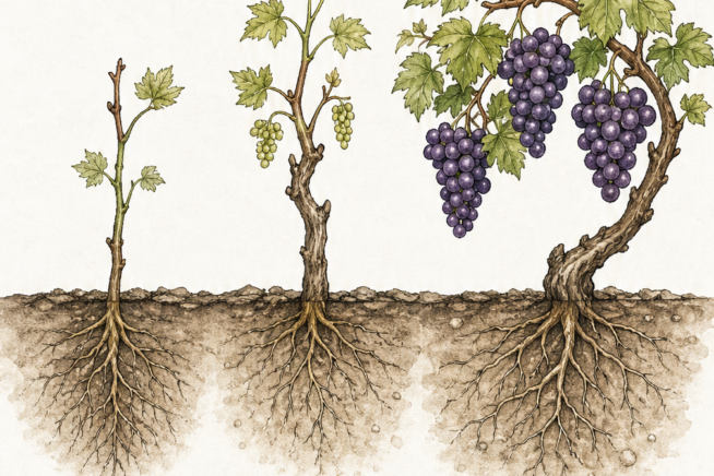 Illustration showing the three-year growth cycle of a grape vine from root development to first harvest