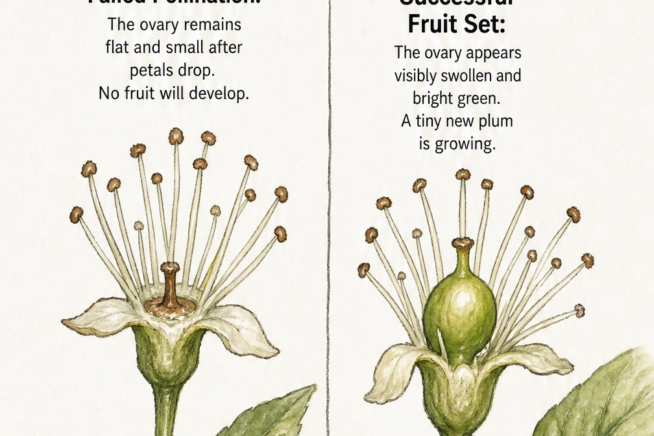 Close-up botanical illustration comparing a failed plum blossom pollination with a flat ovary to a successful fruit set with a swollen, bright green ovary.