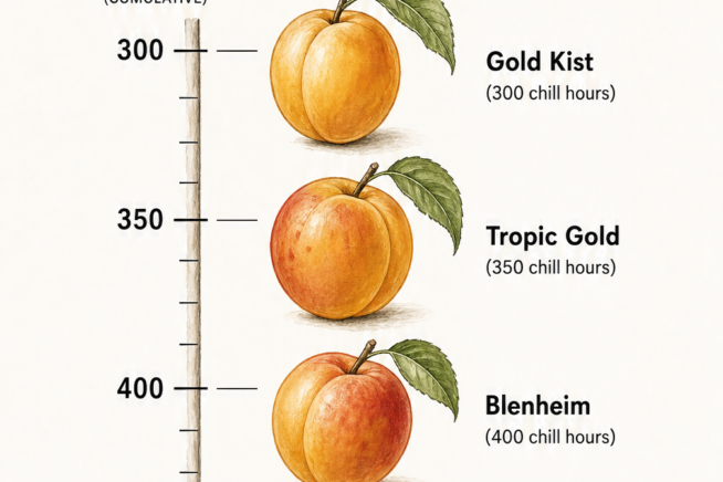 Chart showing low chill apricot varieties like Gold Kist, Tropic Gold, Blenheim, and Autumn Glo with their required chill hours.