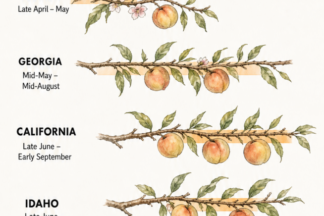 Timeline showing peach harvest seasons across different US states from April to September