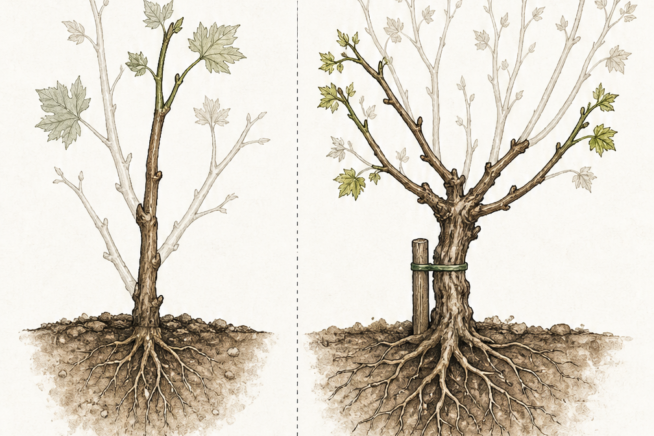 Diagram demonstrating how to prune a young grape vine in its first and second years