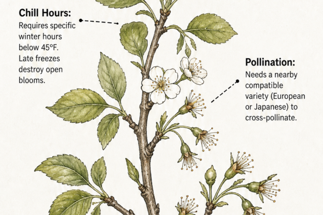 Botanical illustration showing a plum tree branch with sparse blooms, highlighting four common reasons for missing blossoms: chill hours, pollination,...