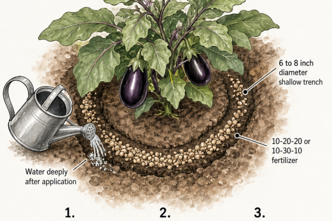 Top-down illustration of a mature eggplant with a shallow trench around the base for side-dressing fertilizer.