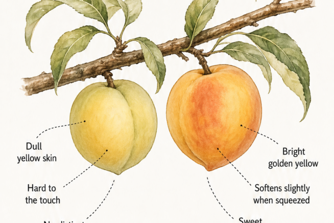 Illustration comparing an unripe dull yellow peach with a ripe bright golden yellow peach