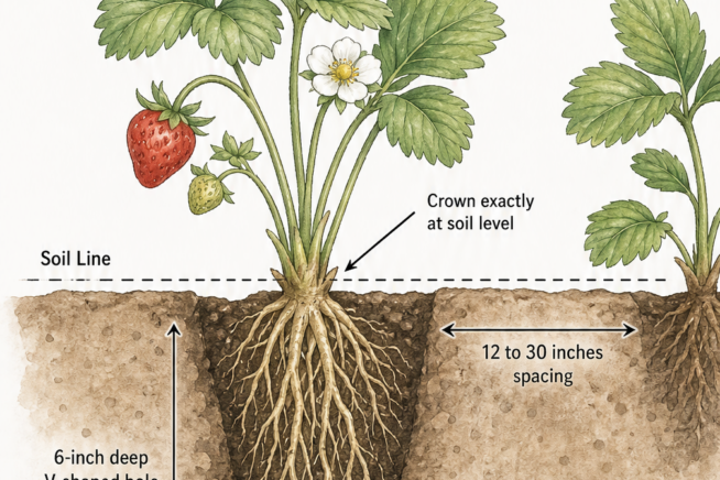 Cross-section illustration showing how to plant a strawberry with the crown exactly at the soil line and roots pointing straight down.