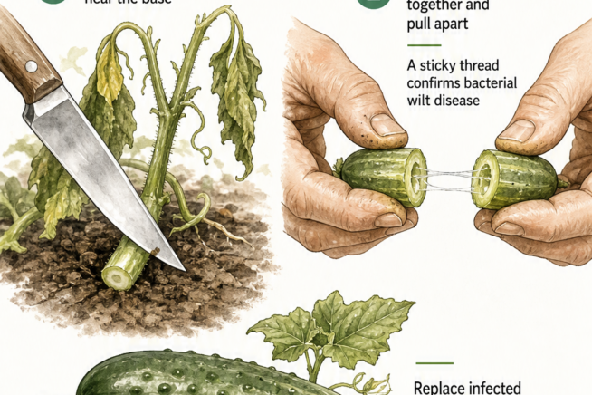 Illustration of the bacterial wilt slime test showing a cut cucumber stem with a sticky thread between the halves.
