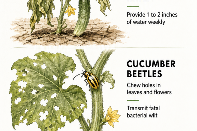Illustration showing three causes of cucumber wilt: heat stress, cucumber beetles, and squash vine borers.