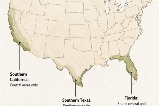 Hand-drawn map of the southern United States showing coconut palm growing zones in California, Texas, and Florida.