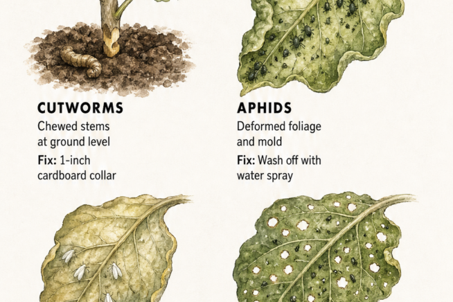 Botanical illustrations showing common eggplant pest damage from cutworms, aphids, whiteflies, and flea beetles