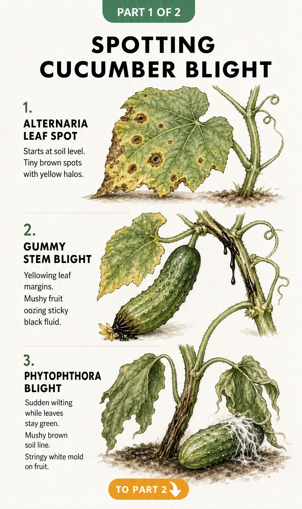 Botanical illustration comparing Alternaria leaf spot, gummy stem blight, and Phytophthora blight on cucumber plants.