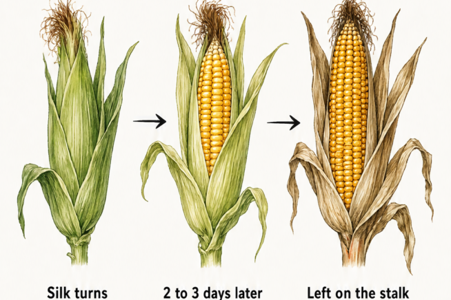 Illustration showing the three stages of field corn harvest timing, from brown silk to fully dried on the stalk.