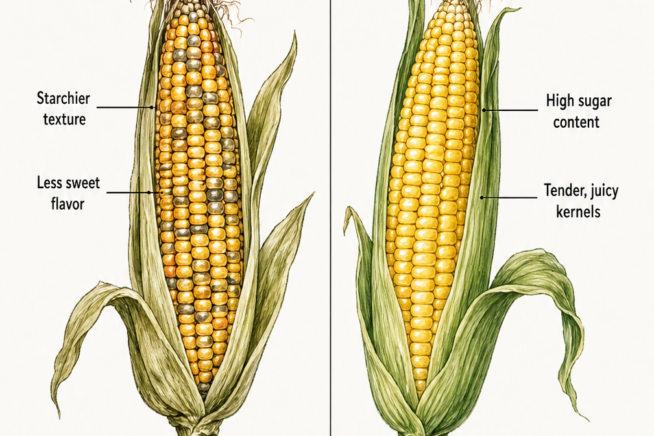 Botanical illustration comparing field corn and sweet corn, showing differences in texture, flavor, and common uses.