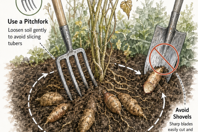 Illustration demonstrating how to harvest yams using a pitchfork in a wide circle around the plant base to avoid slicing the tubers.