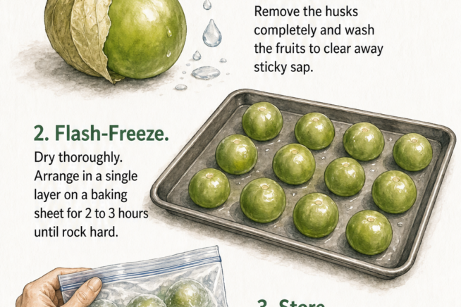 Step-by-step illustration showing how to prep, flash-freeze, and store fresh tomatillos