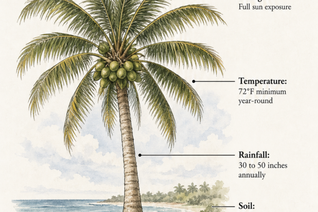 Botanical illustration of a mature coconut palm tree showing ideal sunlight, temperature, rainfall, and soil conditions.