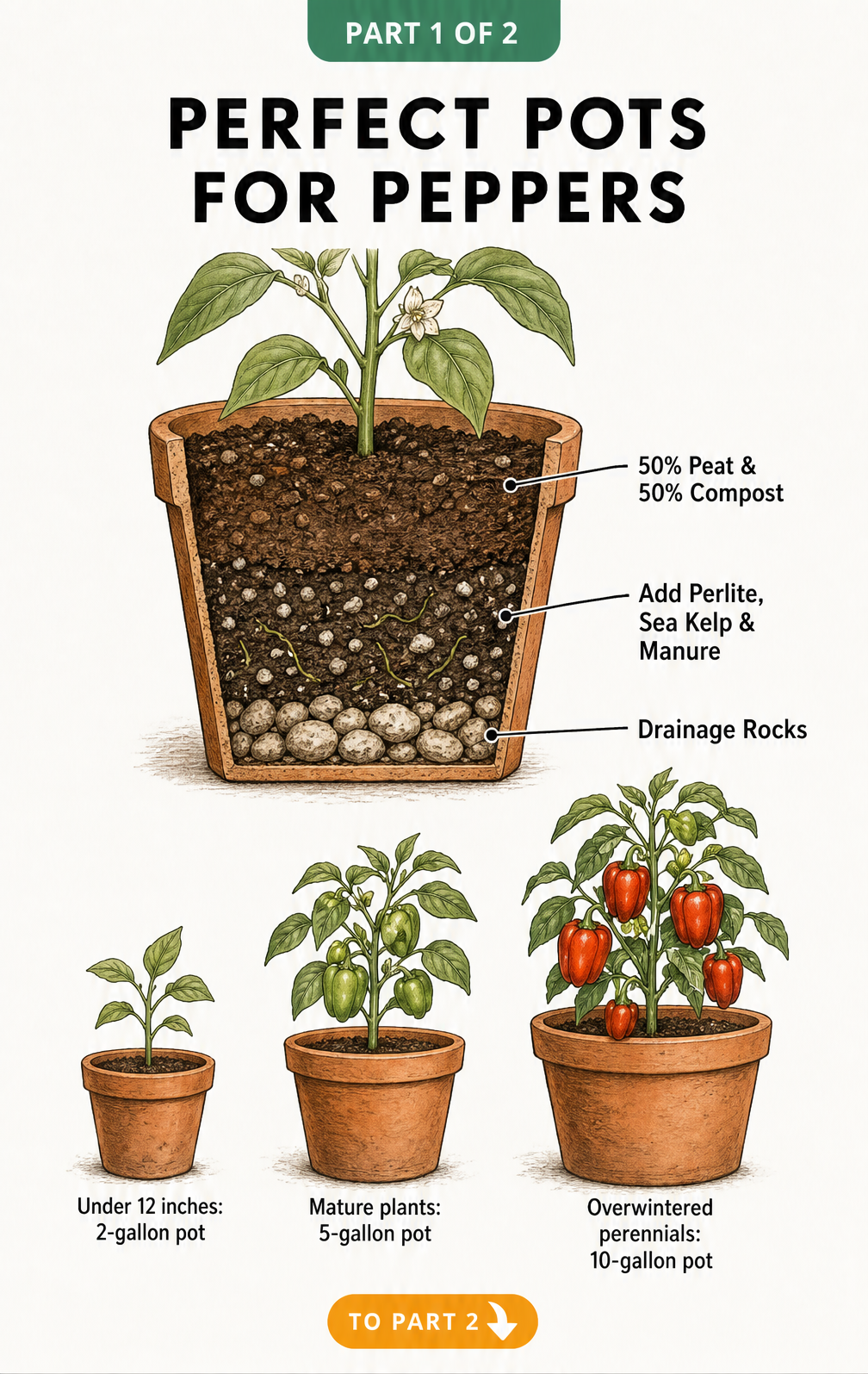 Cross-section of a pepper plant pot showing ideal soil mixture of peat, compost, perlite, sea kelp, and manure with drainage rocks at the bottom, alongside a...