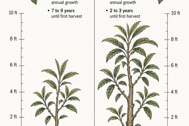 Vintage botanical illustration comparing the growth rate of a loquat tree grown from seed versus a grafted tree.