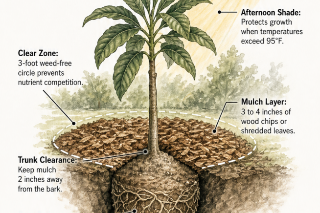 Cross-section illustration of a newly planted loquat tree showing root ball, mulch layer, and planting depth.