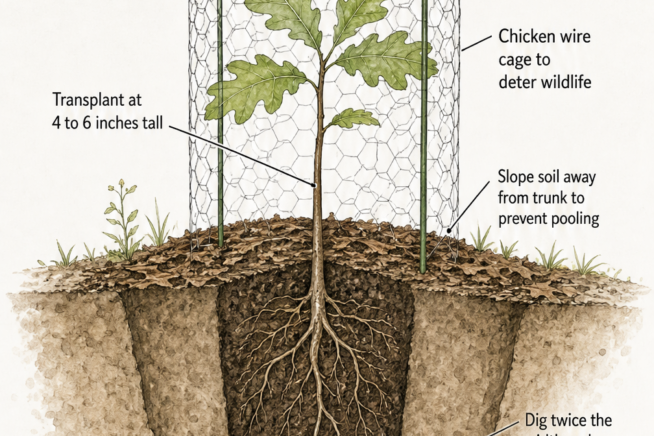 Cross-section drawing of a planted oak seedling showing a wide planting hole, sloped soil, and a chicken wire cage.