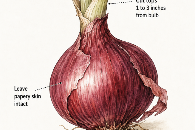 Botanical illustration showing how to prepare red onions for storage by trimming roots and cutting tops.