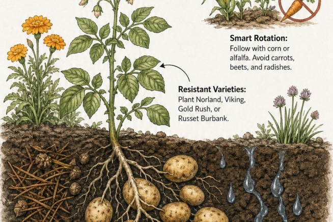 Cross-section illustration of a potato garden bed showing prevention methods: lowering soil pH, consistent watering, crop rotation, and planting resistant...
