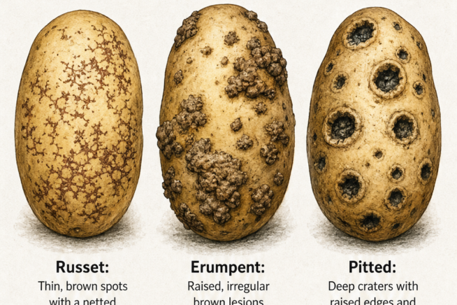 Illustration showing three types of potato scab: russet, erumpent, and pitted, with descriptions of their appearance.