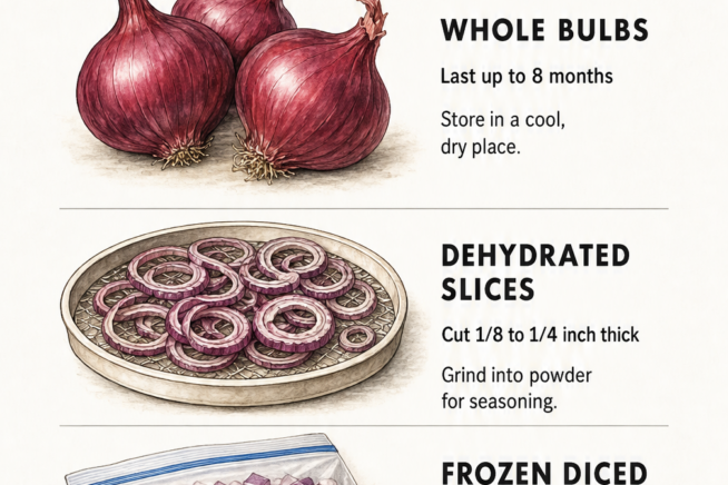 Illustration of three red onion storage methods: whole bulbs, dehydrated slices, and frozen diced onions.