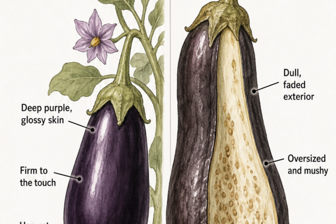 Illustration comparing a perfectly ripe, glossy purple eggplant with an overripe, dull, and mushy eggplant cut in half.