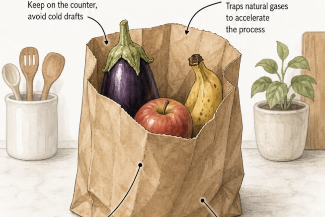 Illustration of an unripe eggplant, an apple, and a banana inside a brown paper bag on a kitchen counter.