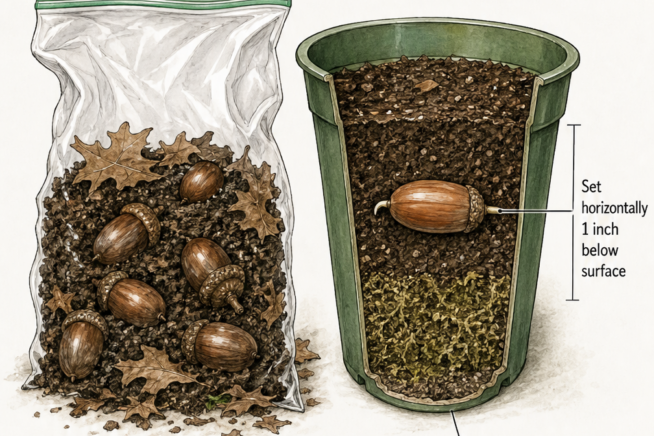 Illustration showing how to prepare and plant an oak acorn in a 1-gallon container with potting soil and sphagnum moss.