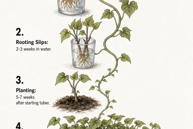 Botanical illustration showing the five stages of sweet potato growth from sprouting in water to mature tubers in the ground