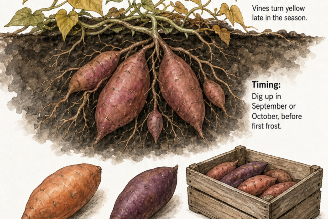 Illustration showing yellowing sweet potato vines above ground and mature tubers below, with maturity dates for different varieties