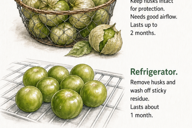 Illustration comparing tomatillo storage timelines in the pantry, refrigerator, and freezer