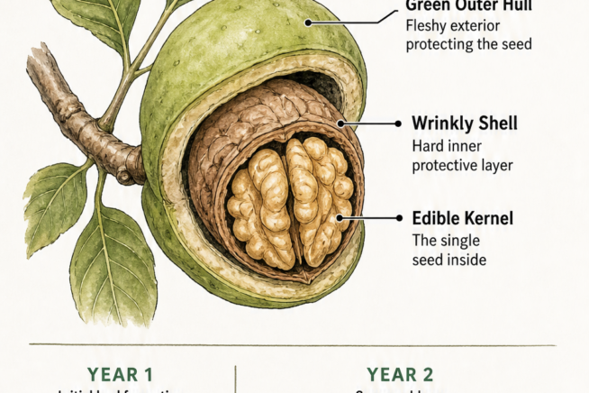 Botanical illustration showing the cross-section of a growing walnut with its green outer hull, wrinkly shell, and edible kernel, plus a two-year growth...