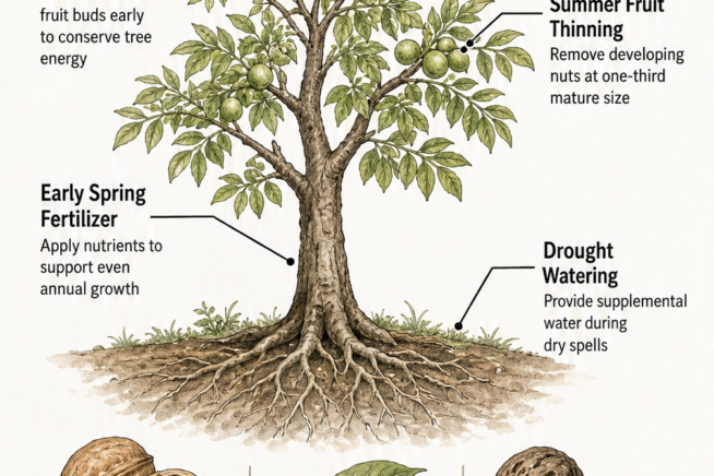 Detailed illustration of a walnut tree highlighting care techniques like spring bud thinning, summer fruit thinning, fertilizing, and watering to prevent...