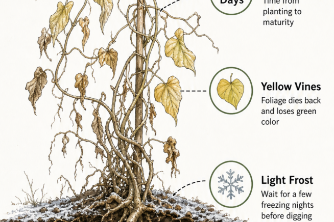 Botanical illustration showing a yam plant cross-section with yellowing vines above ground and mature tubers below, indicating harvest readiness.