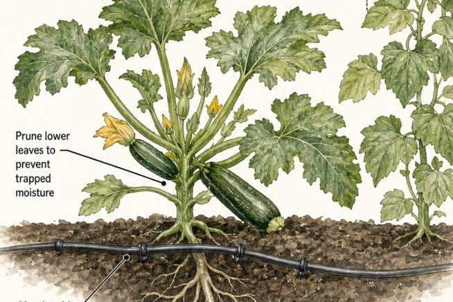 Illustration of a healthy zucchini plant demonstrating proper spacing, pruning, and drip irrigation to prevent powdery mildew