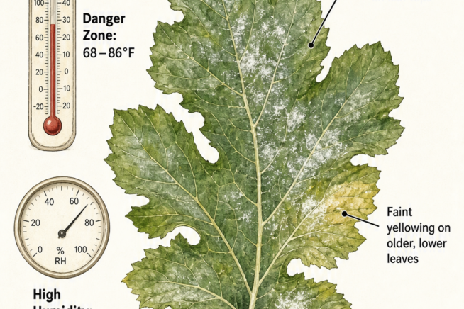 Illustration showing the environmental triggers and early warning signs of powdery mildew on a zucchini leaf