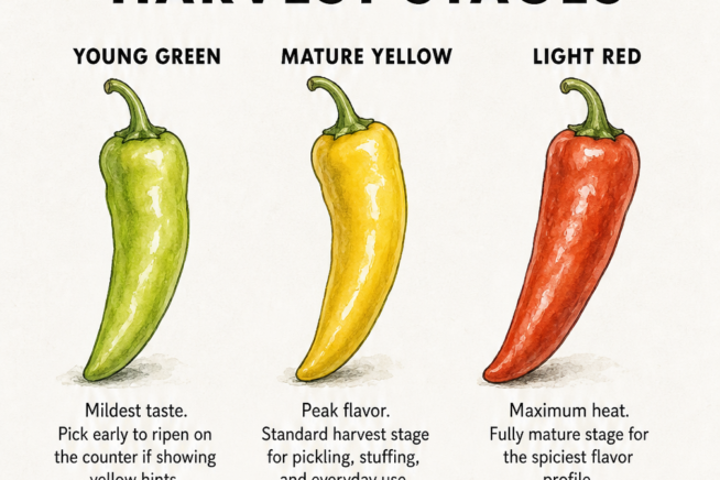 Illustration of banana pepper harvest stages showing young green, mature yellow, and light red peppers with flavor profiles.