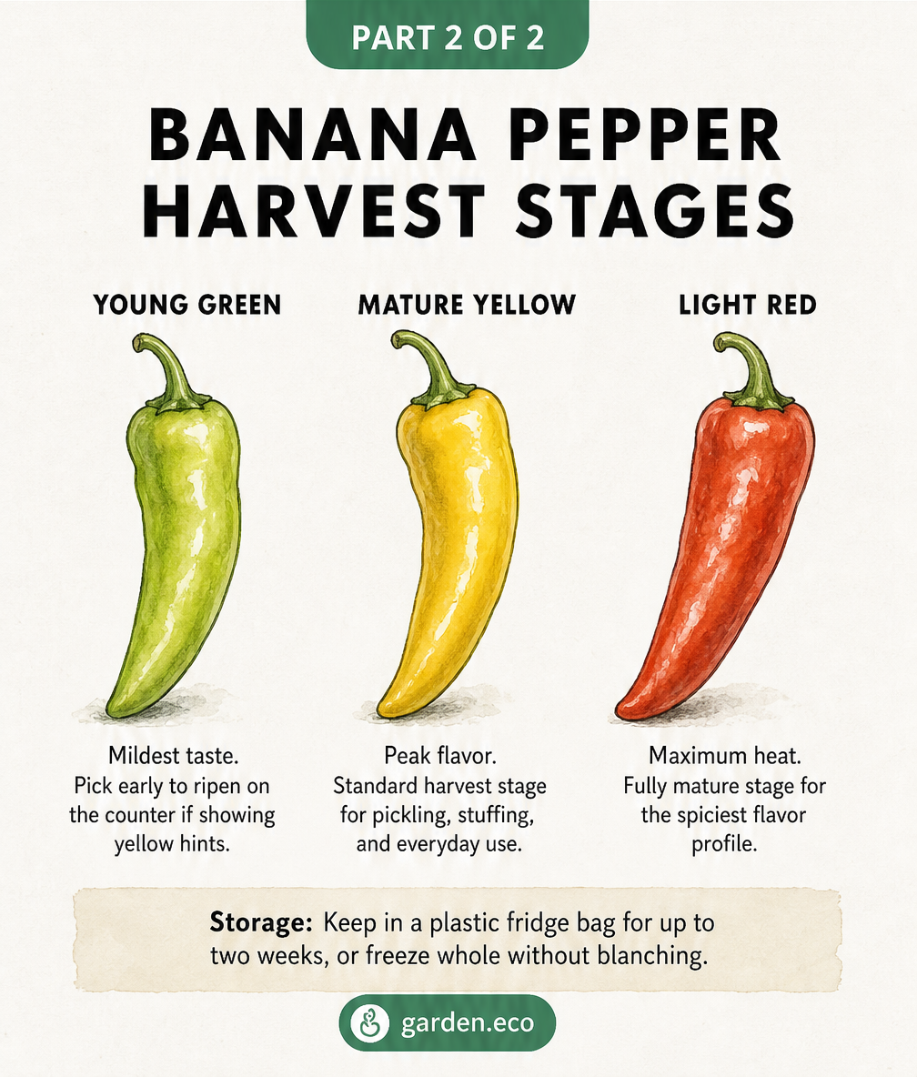 Illustration of banana pepper harvest stages showing young green, mature yellow, and light red peppers with flavor profiles.