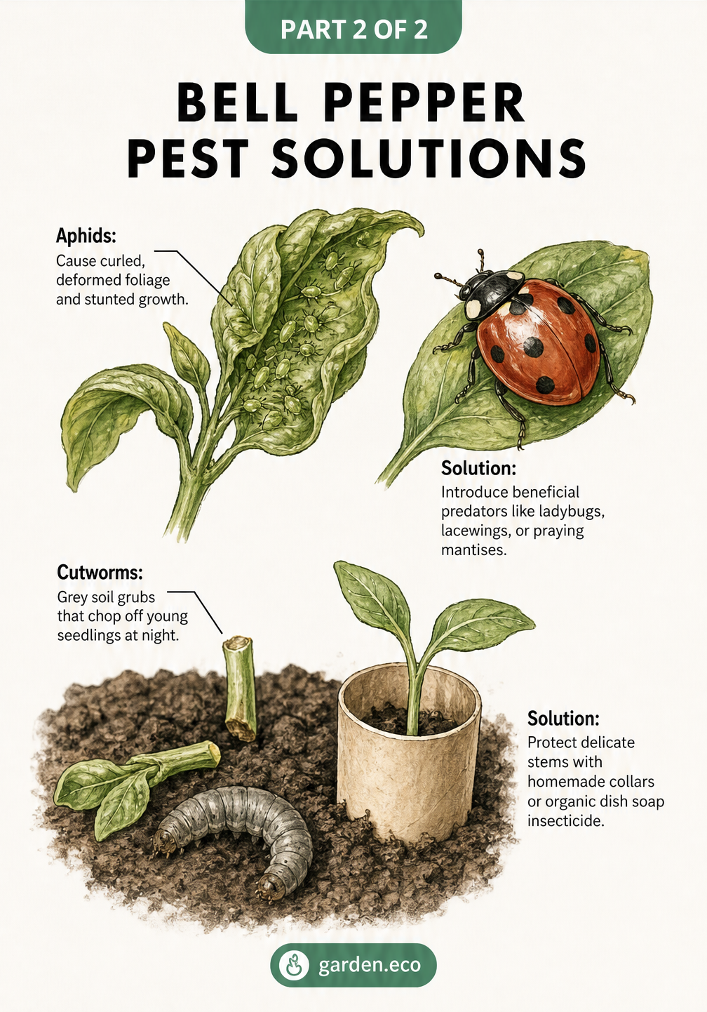 Illustration of bell pepper pests including aphids and cutworms, along with organic solutions like ladybugs and protective collars.