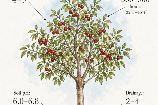 Botanical illustration of a cherry tree showing climate zones 4 to 9, chill hours 300 to 900, soil pH 6.0 to 6.8, and drainage requirements.