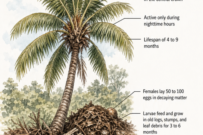 Illustration of a coconut palm showing the beetle's feeding area in the crown and breeding grounds in decaying matter at the base.