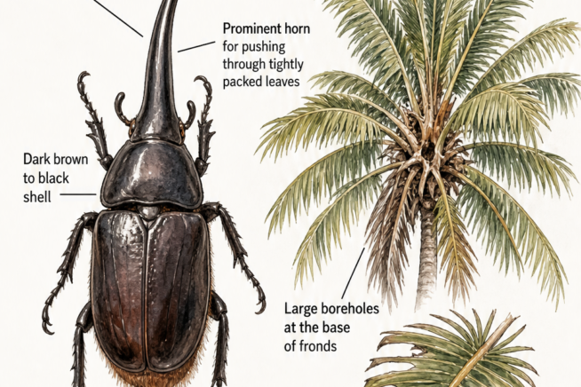 Botanical illustration showing adult coconut rhinoceros beetle anatomy and V-shaped cuts on damaged palm fronds.