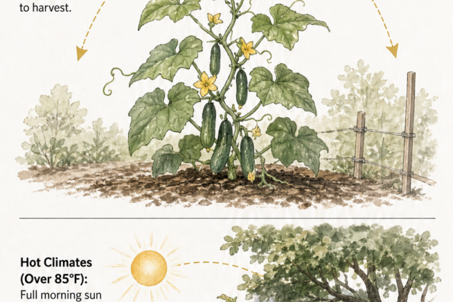 Botanical illustration showing a cucumber plant in full sun and another in partial afternoon shade for hot climates.