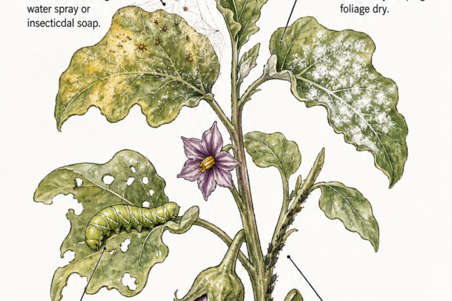Botanical illustration of an eggplant branch showing signs of spider mites, powdery mildew, hornworms, and aphids with treatment tips.