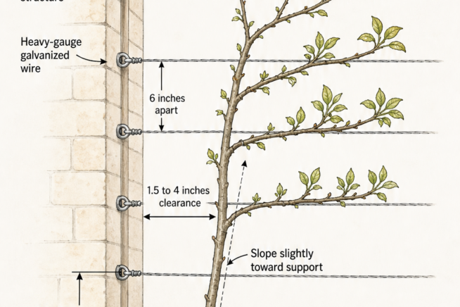 Botanical illustration showing the exact wall setup and wire spacing for planting an espalier quince tree.