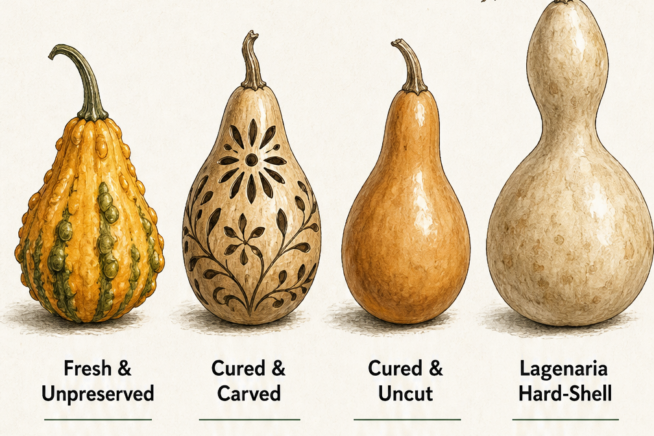 Illustration showing four ornamental gourds in different states of preservation, from fresh to hard-shell, with their expected lifespans.