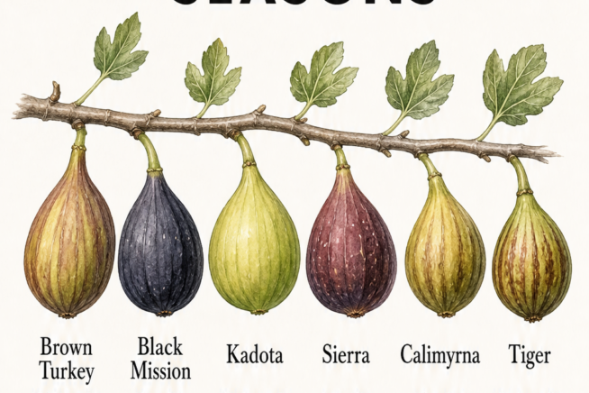 Hand-drawn chart showing harvest seasons for popular fig varieties like Brown Turkey, Black Mission, and Kadota